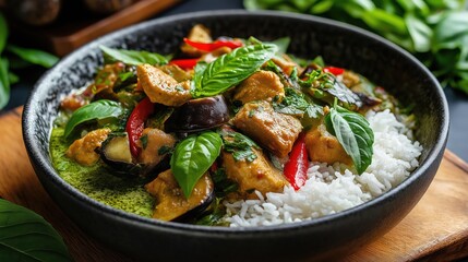 A flavorful dish featuring chicken, rice, and fresh herbs, served in a black bowl with vibrant colors and textures.