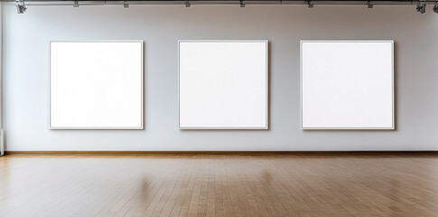 Three blank white posters displayed on a gallery wall ready for artistic expression