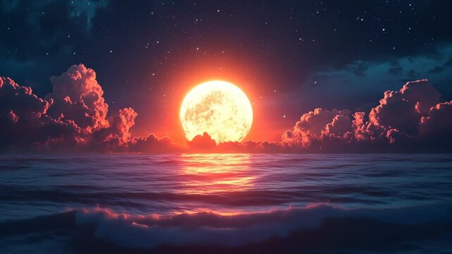 Majestic full moon ocean reflection, dreamy celestial seascape view