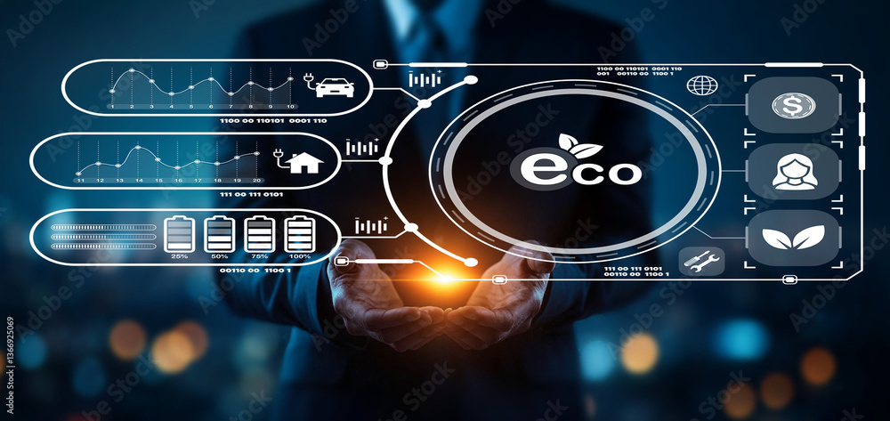 Poster innovative eco-friendly technology concept with data analysis for sustainable business practices and