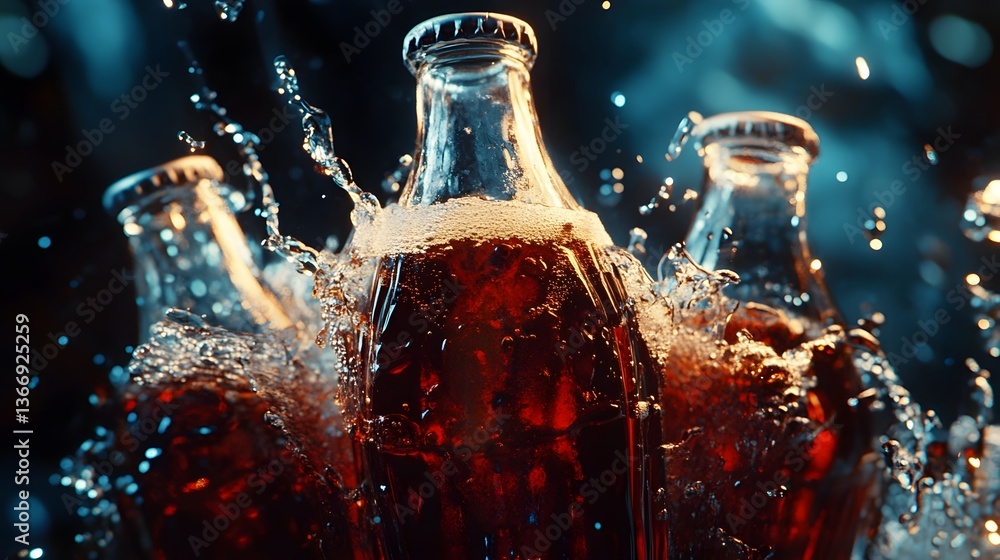 Poster close up view of several glass bottles filled with a fizzy dark colored liquid with water splashing 