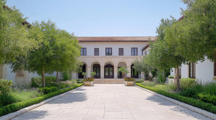 Fototapeta premium Luxurious Mediterranean style estate with lush greenery and elegant architecture