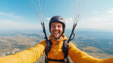 Fototapeta premium joyful paraglider enjoying thrill of soaring high above stunning landscape