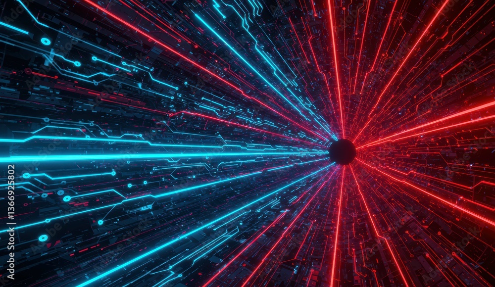 Poster abstract digital art featuring red and blue light beams in a futuristic design. concepts include tec