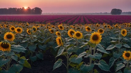 Obraz premium Sunflower Field at Dawn with Rising Sun and Lavender Flowers