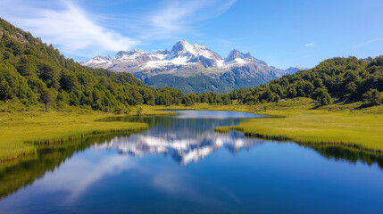 Fototapeta premium serene mountain lake reflecting snow capped peaks and lush greenery. tranquil scene evokes sense