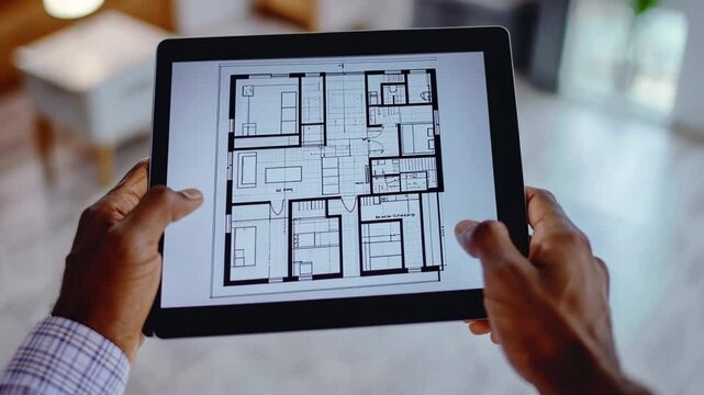 Digital blueprint review, Architect examining home plans on tablet screen
