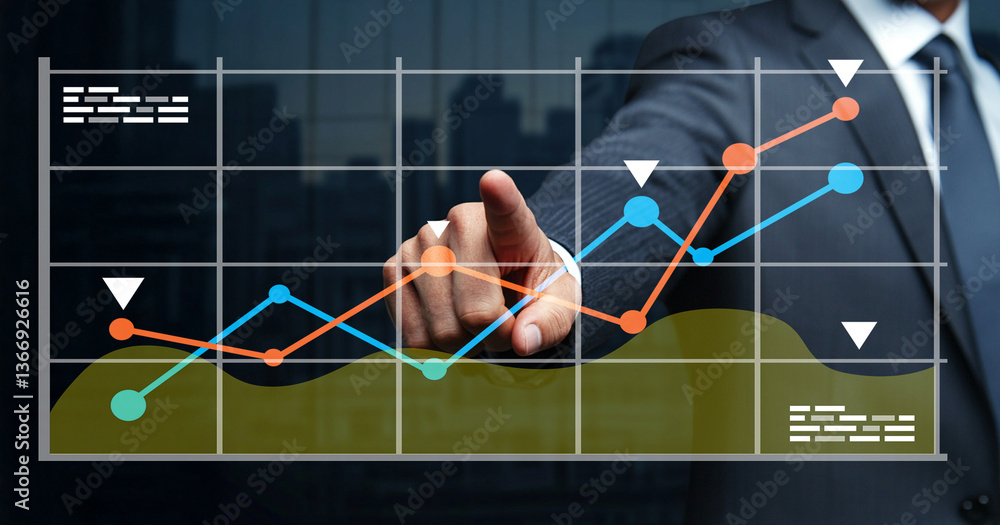 Poster businessman presenting financial data with colorful graphs and charts showing growth trends and anal