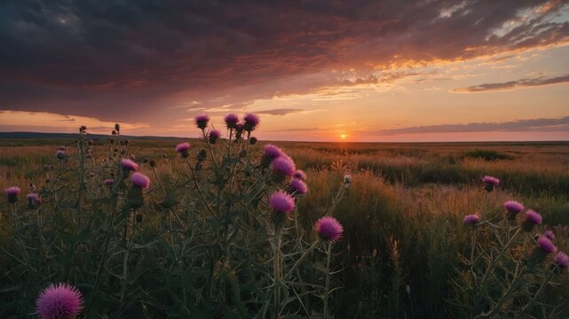 Thistle Blooms in a Meadow at Dusk with Dramatic Sky