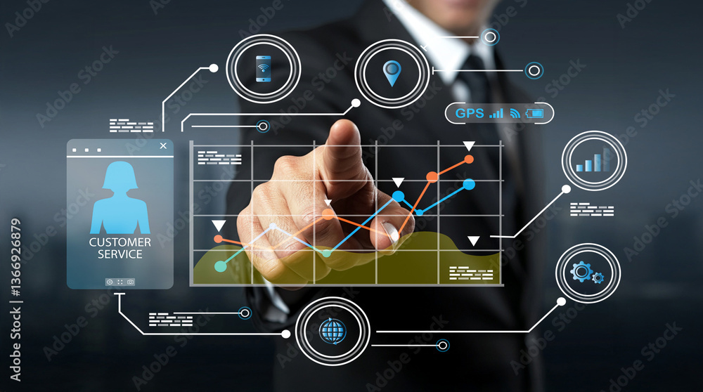 Poster modern businessman interacting with futuristic customer service interface featuring graphs, data vis