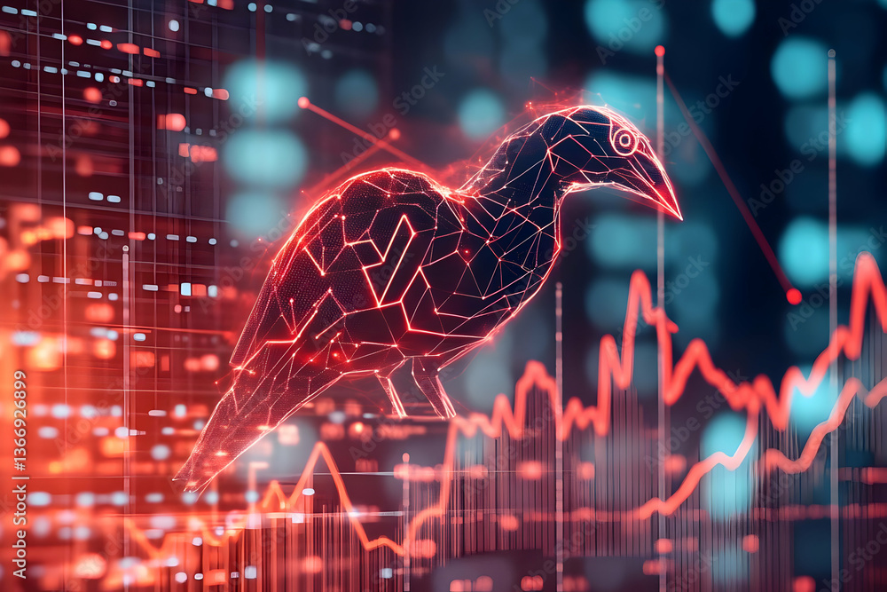 Aufkleber digital raven illustration in red with data graphs on a dark background
