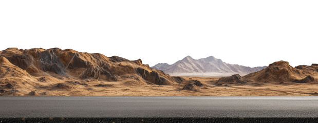 Asphalt road through the desert, isolated on a transparent background