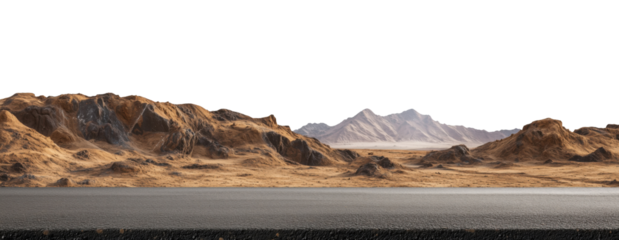 Asphalt road through the desert, isolated on a transparent background