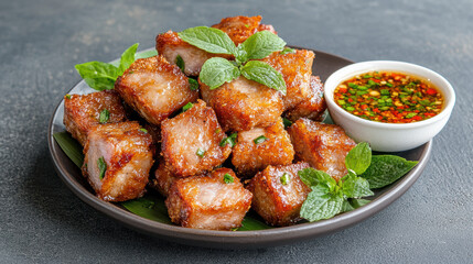 Fototapeta premium Crispy deep fried pork belly served with spicy dipping sauce and fresh herbs
