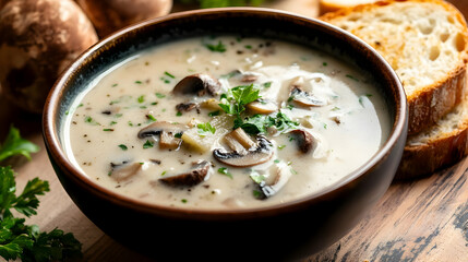 Creamy Mushroom Soup in a Dark Bowl with Sliced Bread and Fresh Parsley on a Rustic Wooden Table Top