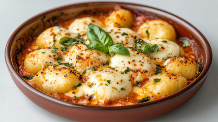 Baked gnocchi with melted cheese and fresh basil creates delicious comfort dish
