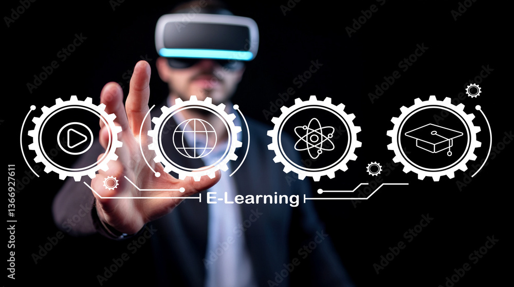Poster man in virtual reality headset engaging with e-learning concepts and digital education technologies 