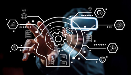 Person Wearing Virtual Reality Headset Interacting With Futuristic Digital Interface Representing Technology Concepts and Innovative Ideas