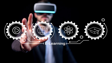 Man in Virtual Reality Headset Engaging with E-Learning Concepts and Digital Education Technologies in a Modern Environment