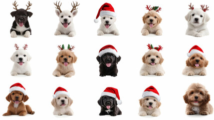 Festive Puppies Wearing Santa Hats and Reindeer Horns on White