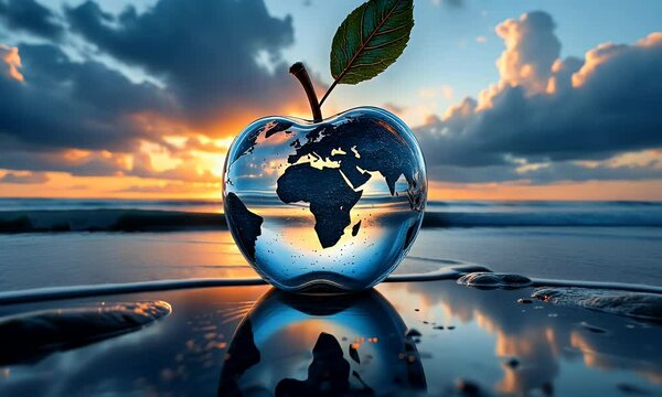 Glass Apple with World Map | Ocean Sunset & Reflective Sphere | 4K Environmental Concept, Explore the beauty of a glass apple reflecting the world map against a breathtaking ocean sunset in this 4K en
