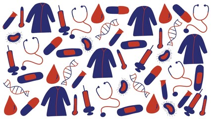 Medical icons set, hand drawing style in red and blue color, including medical coat, blood, dna, pill, plaster, injection, thermometer, test tube, stethoscope, bacteria