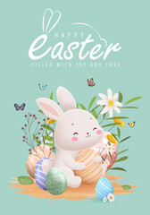 3D Realistic Easter Poster Design with Colorful Eggs and Rabbit Vector Illustration