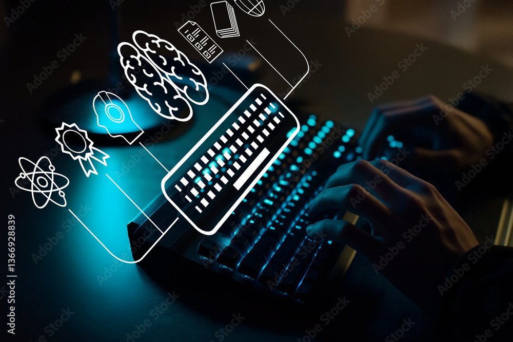 Poster modern technology and creative mindset: a close-up of hands on a keyboard with illustrative icons re