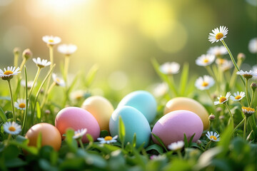 Fototapeta premium Pastel Easter Eggs on Grass with Daisies and Wildflowers