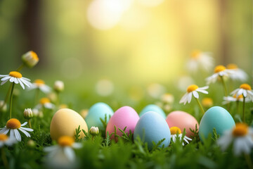 Pastel Easter Eggs on Grass with Daisies and Wildflowers