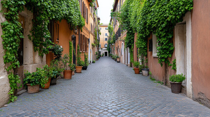 charming alley in Rome, lined with ivy covered walls and potted plants, creates cozy atmosphere
