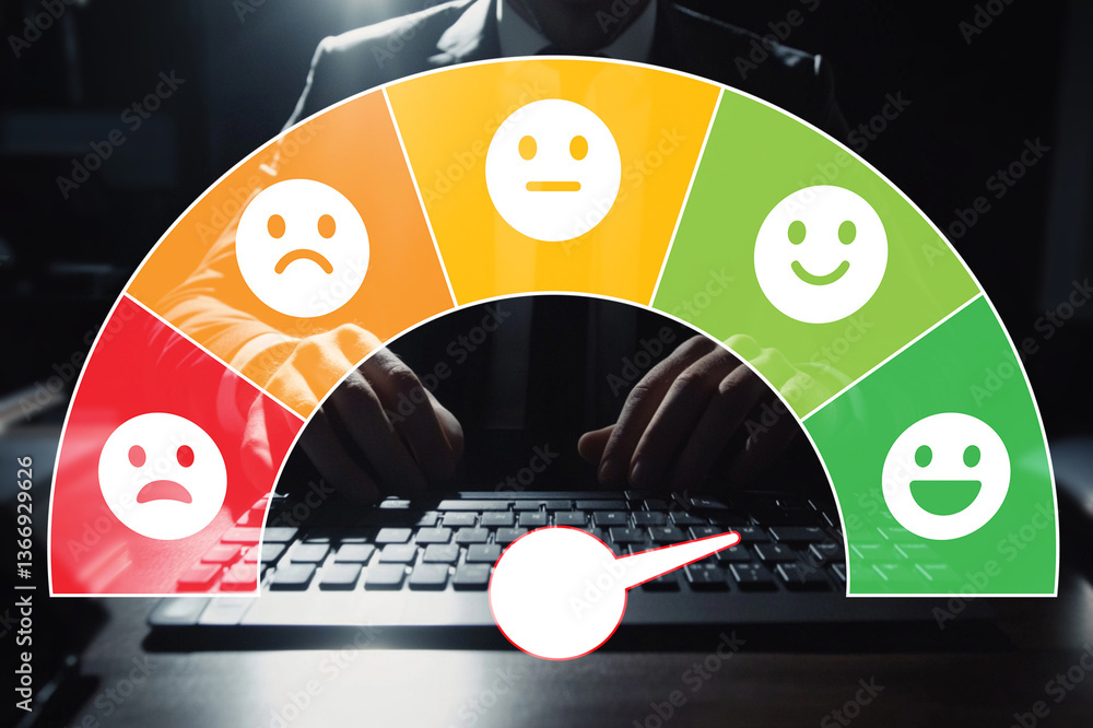 Poster emotional feedback meter gauge indicating user satisfaction and experience in front of a keyboard in