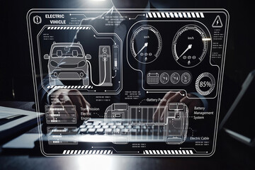 Futuristic Interface Displaying Electric Vehicle Specifications and Battery Management System with Graphs and Diagrams