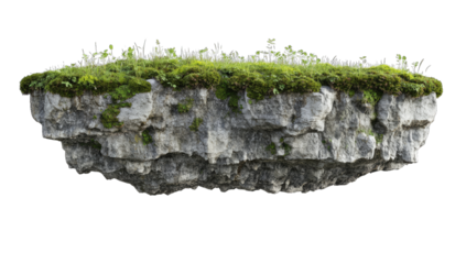 floating rock formation covered with green moss and small plants