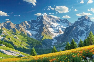 Fototapeta premium Stunning Summer Mountain View with Clear Blue Sky and Radiant Scenery