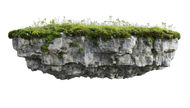 floating rock formation covered with green moss and small plants