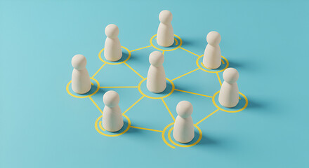 Obraz premium Abstract Connected Wooden Figures on Blue Background Depicting Social Network and Teamwork