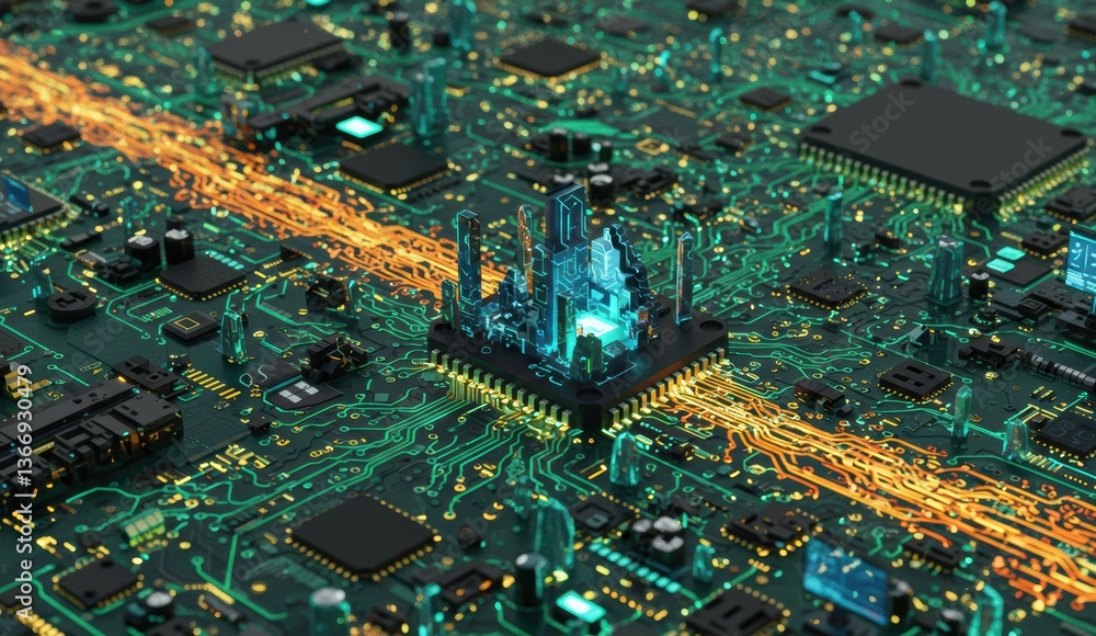 Poster circuit board featuring microchips and neon lights depicting a digital landscape. concepts include i