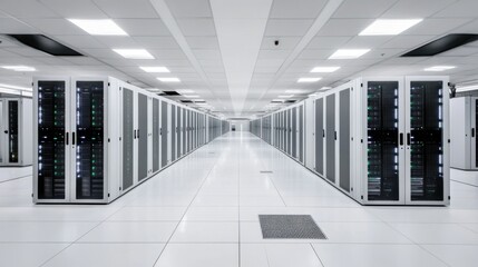 A futuristic data center with glowing server racks, advanced cooling systems and cybersecurity interfaces, ultra-modern setting