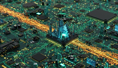 Obraz premium Circuit board featuring microchips and neon lights depicting a digital landscape. Concepts include innovation and technology.