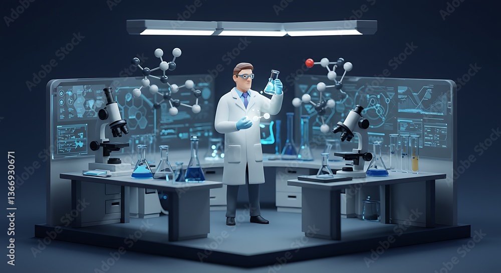 Poster scientist analyzing sample in laboratory with advanced technology setup