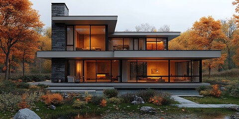 A modern house with many windows surrounded by trees