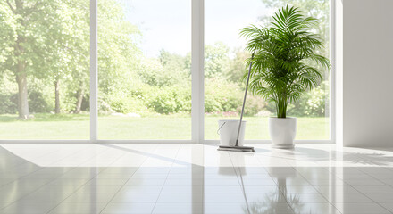 Bright White Room Interior with Large Window Green Plant and Cleaning Equipment in a Minimalist Style