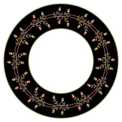 Round floral border or circular frame. Wreath of blooming branches. Vintage style. On black background.