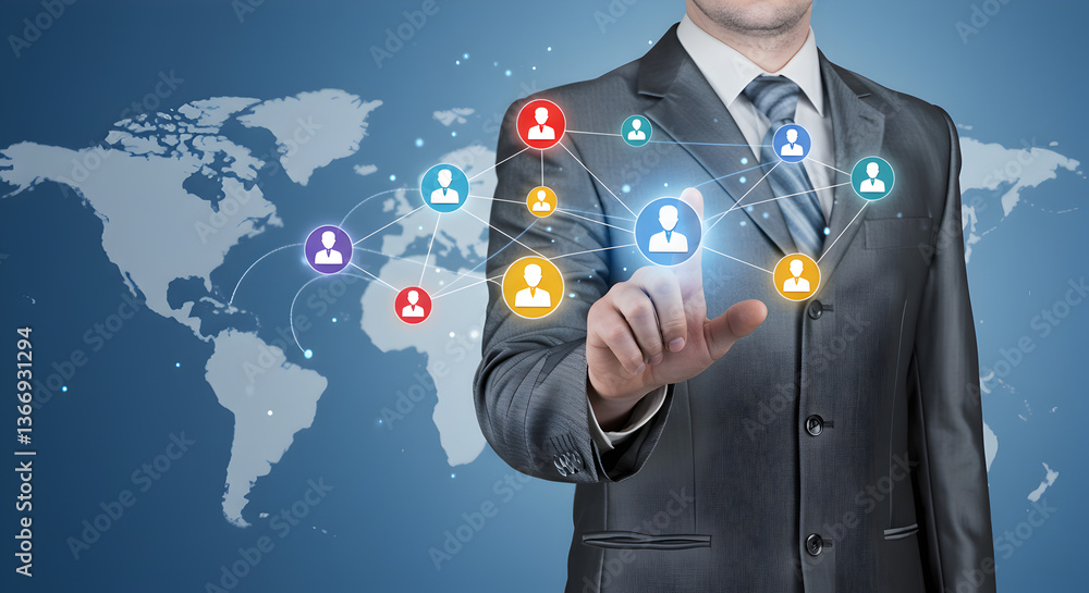 Poster businessman touching virtual social network interface with global map on blue gradient background