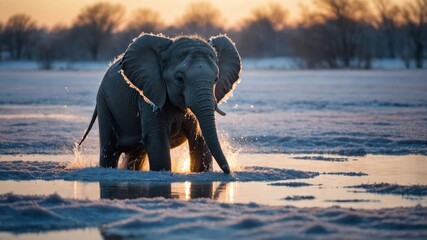 Obraz premium Elephant wading through shallow water at sunset in cold environment