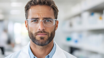 focused scientist in lab, wearing glasses and lab coat, exudes determination and curiosity