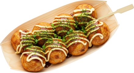 Delicious Takoyaki Balls in Wooden Tray Topped with Mayo Aonori and Sauce