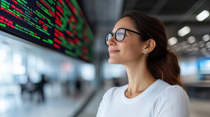 Obraz premium woman with glasses looks digital display showing financial data, reflecting her interest and