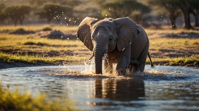 Elephant Wading Through Water with Splash in Natural Habitat